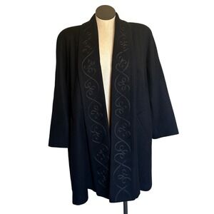 Jofeld Black Embroidered Shawl Collar Open Front Wool Blend Coat Women's M